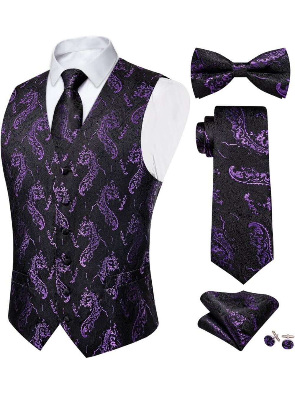 Stylish Men's 5-Piece Silk Paisley Vest & Bowtie Set - Perfect for Formal Events